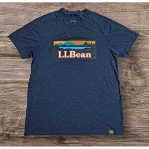 LL Bean Mens Small Slightly Fitted Logo Lake Scene Graphic Tshirt Maine Blue